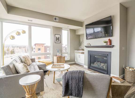 Living Room With Fireplace at Vue at Bluestone, Duluth, 55803