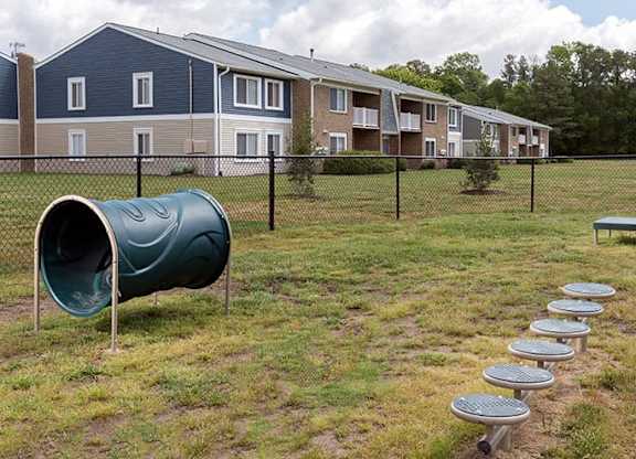 fenced in dog park with grass and agility equipment