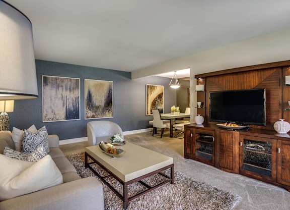 a living room with a fireplace and a television