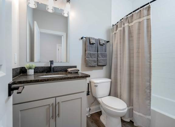 A bathroom with a toilet, sink, and shower.