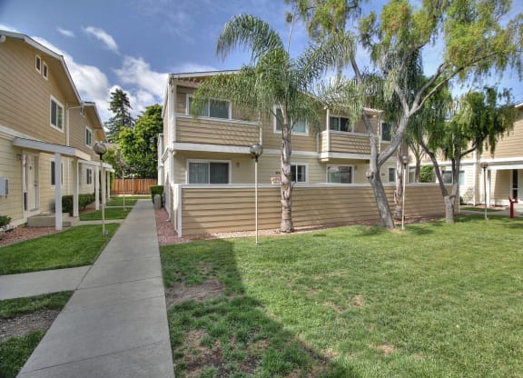 A row of houses with a sidewalk in front.