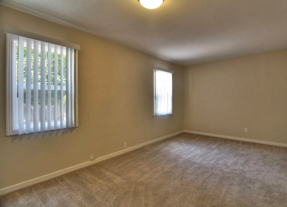 A room with a window and a carpeted floor.