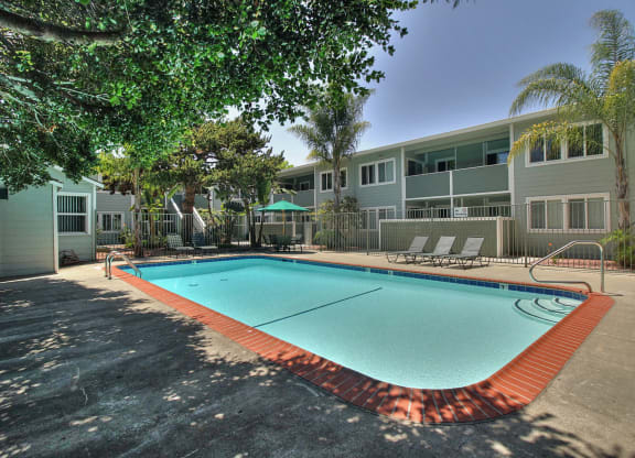 A swimming pool surrounded by trees and a building in the background.