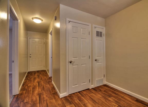 A hallway with three doors and wood floors.
