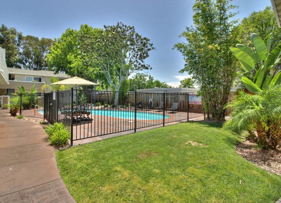 a backyard with a pool and a fence
