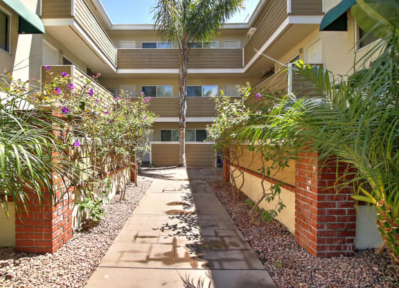 an outside view of an apartment building with a pathway and plants