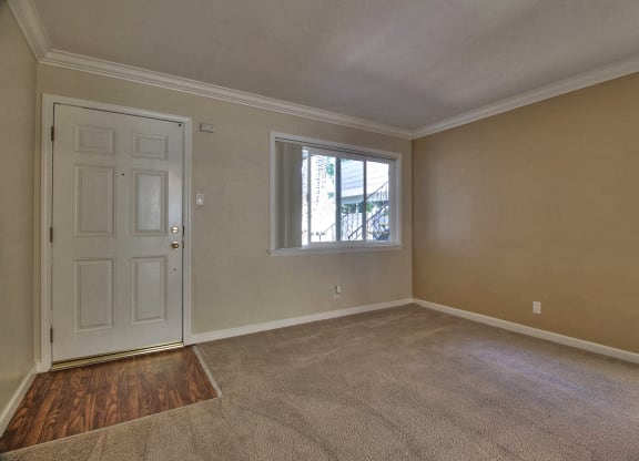 A room with a white door and a window with a view of a building outside.