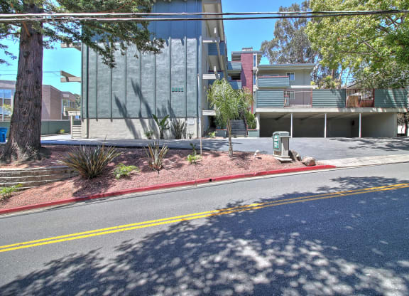 A street view with a building on the right and a tree on the left.