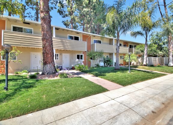 A row of houses with trees in front.