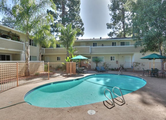 A swimming pool in a courtyard surrounded by trees and apartment buildings.