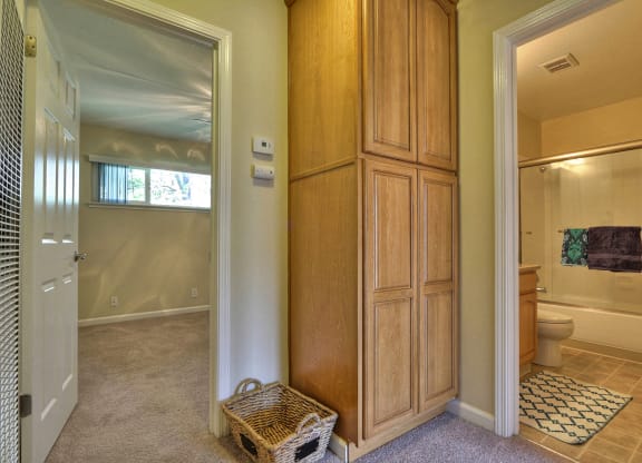 a bathroom with a large closet and a toilet in it