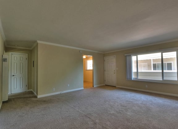 an empty living room with a large window