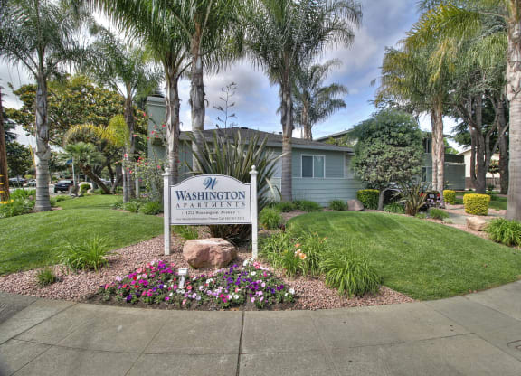 a neighborhood sign in front of a house with palm trees