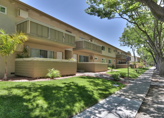 A row of apartment buildings with green trees in front.