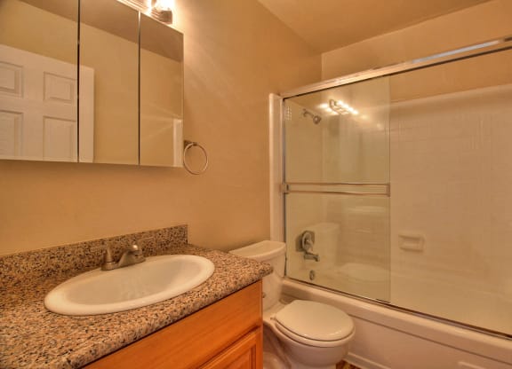 a bathroom with a sink toilet and shower