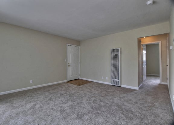 an empty living room with an open door to a closet
