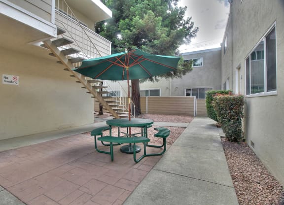 A patio with a table and chairs under a green umbrella.