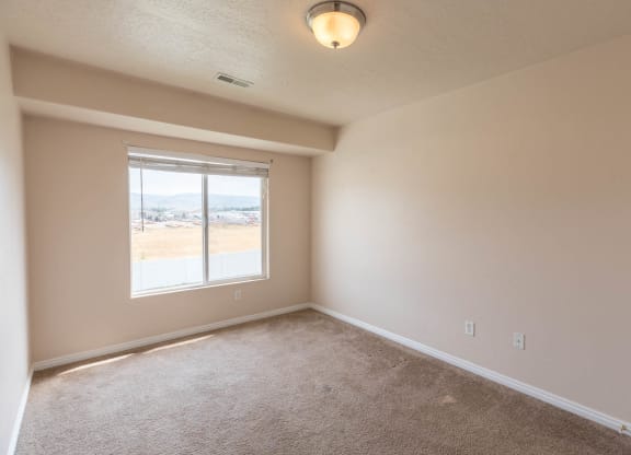 A room with a carpeted floor and a window overlooking a barren landscape.