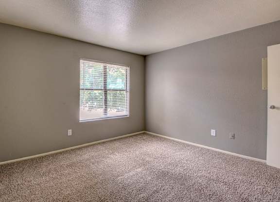 A room with a window and carpeted floor.