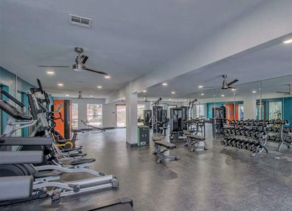 A spacious gym with treadmills, elliptical machines, and other exercise equipment.