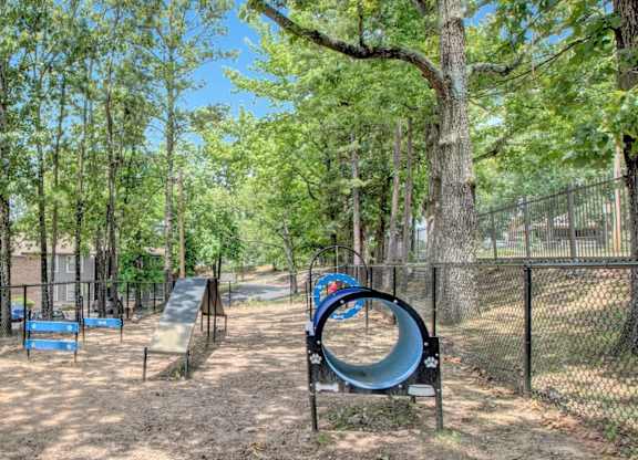 A playground with a blue slide and a green tunnel.