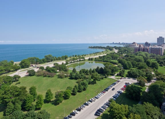 Drone View Of Exterior at Twin Towers, Chicago