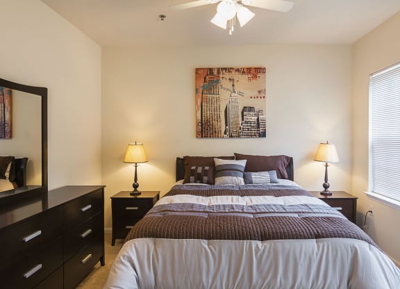 Furnished Master Bedroom at Ultris Courthouse Square Apartments in Stafford, Virginia, VA