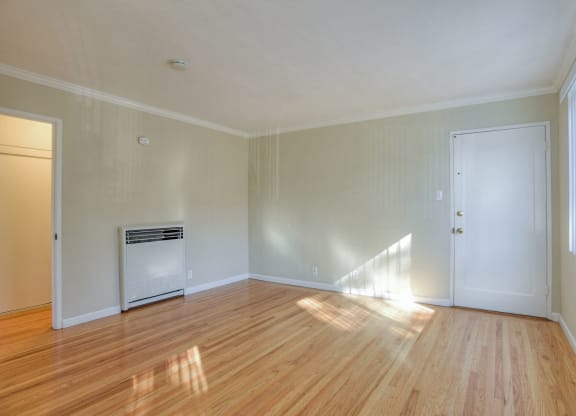 A room with a wood floor and a window letting in sunlight.