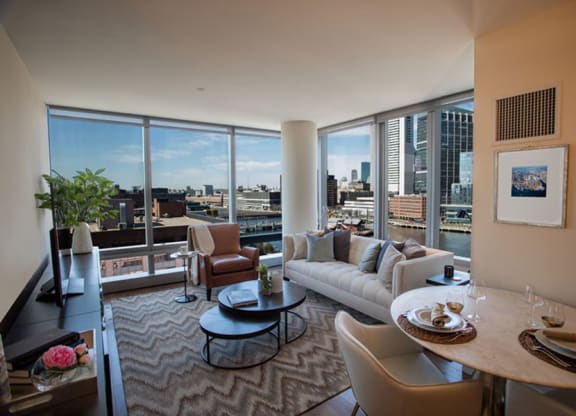 Model Living Room at The Benjamin Seaport Residences, Boston, MA, 02210