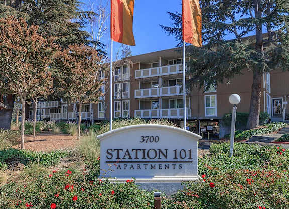 front building sign with flags