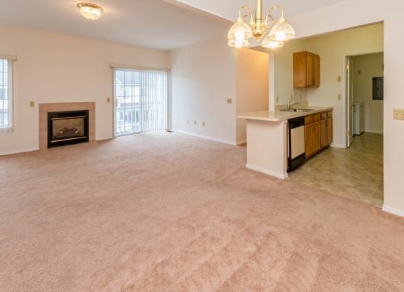 Living Room With Cozy Fireplace at Blueberry Hill Apartments, Rochester