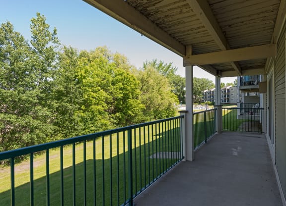 a view of the balcony with trees in the background