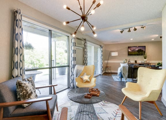 Community Room with a large window and a chandelier