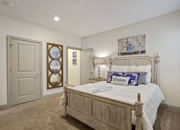 a bedroom with a bed and a closet
