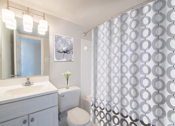 a white bathroom with a shower curtain and a sink at Avondale Overlook, Maryland, 20782