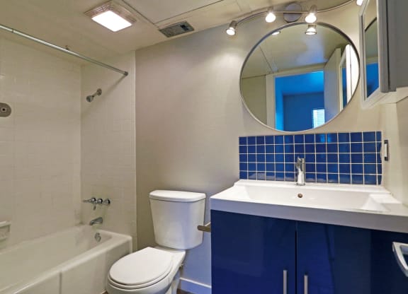blue cabinet in restroom