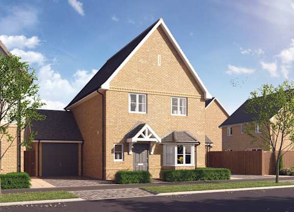 A modern brick house with a black roof and a garage door.