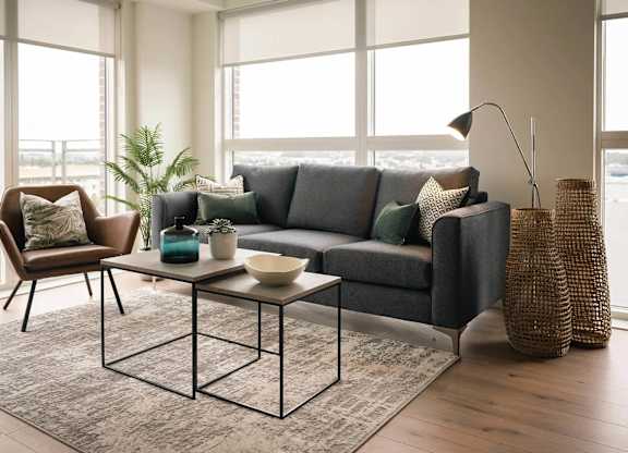 A modern living room with a grey sofa, a brown chair, a glass coffee table, and a large window. at Cherrywood Apartments, D18 VY3V, DUBLIN 18