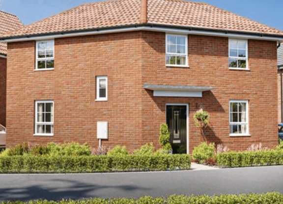 A red brick house with a black front door and white windows.