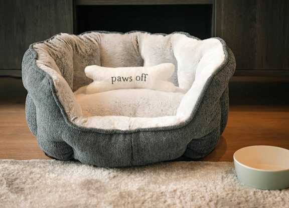 A grey pet bed with a white pillow that says paws off at Cherrywood Apartments, D18 VY3V