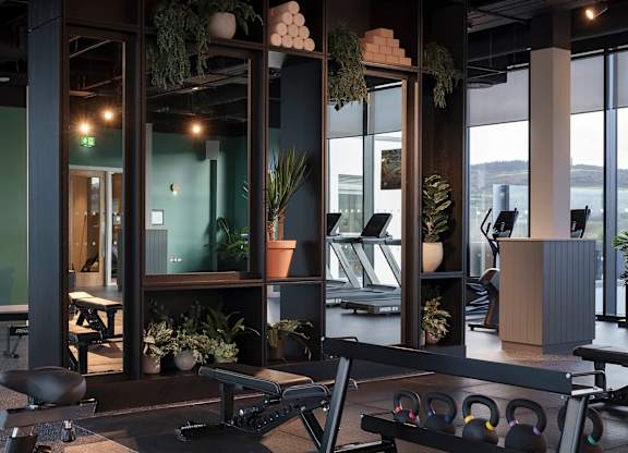 A gym with a variety of equipment including weights and a bench at Cherrywood Apartments, D18 VY3V