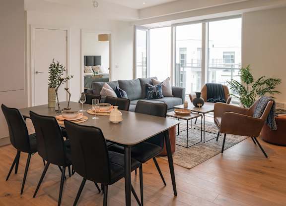 A modern dining room with a large table and chairs at Cherrywood Apartments, D18 VY3V, DUBLIN 18
