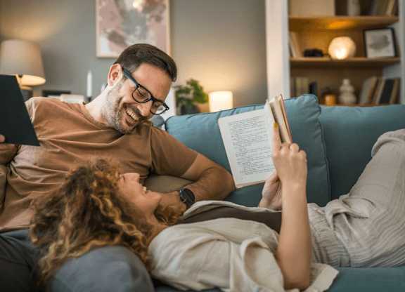 A man and a woman are reading books on a couch at Origins Apartments, Cambridge
