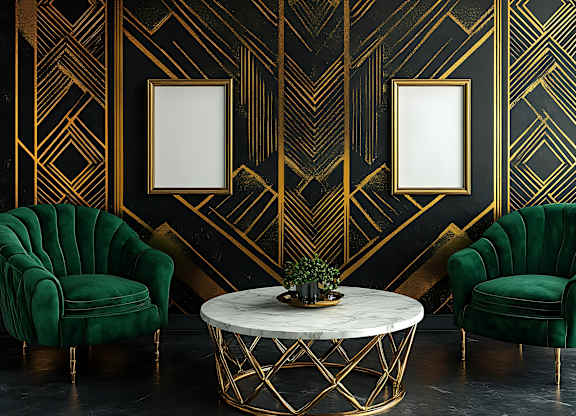 Two green chairs and a table in front of a black and gold wall.
