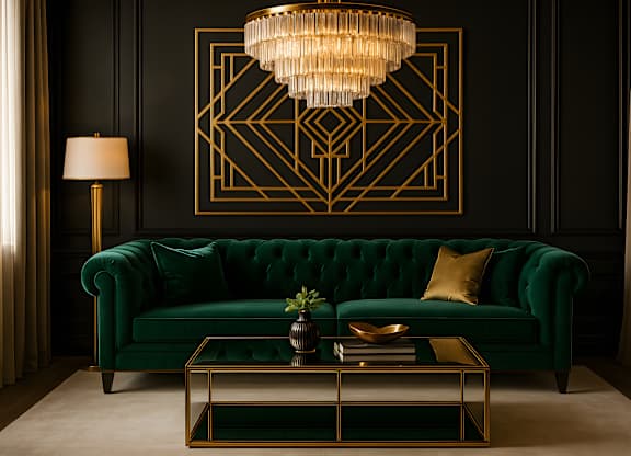 A living room with a green velvet sofa, a gold coffee table, and a gold geometric wall art.