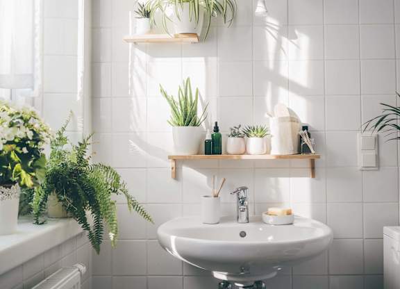 A white sink in a bathroom with a white tiled wall and a window.