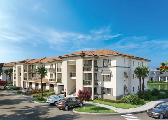 a rendering of a large apartment complex with cars parked in front of it