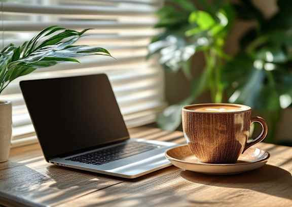 A laptop and a cup of coffee are placed on a wooden table.