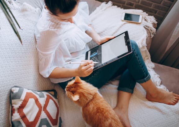 a woman sitting on a bed with a cat on her laptop