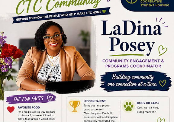 A poster introducing LaDina Posey as the Community Engagement & Programs Coordinator for CTC Community.